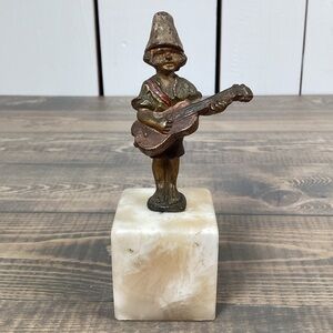 Antique Austrian Vienna Bronze Figurine Boy Playing Guitar On Marble Plinth 4.5"